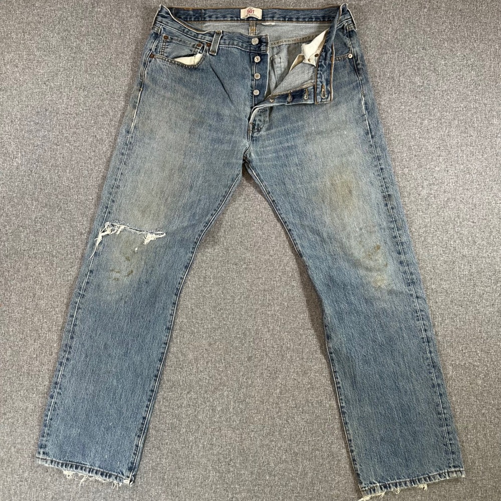 Levi's Jeans Mens 36x32 501 Straight Leg Blue Button Fly Distressed